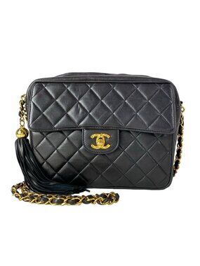 Chanel Shoulder Bag Quilted Black Chain Gold Tassel Flap Pocket Lambskin